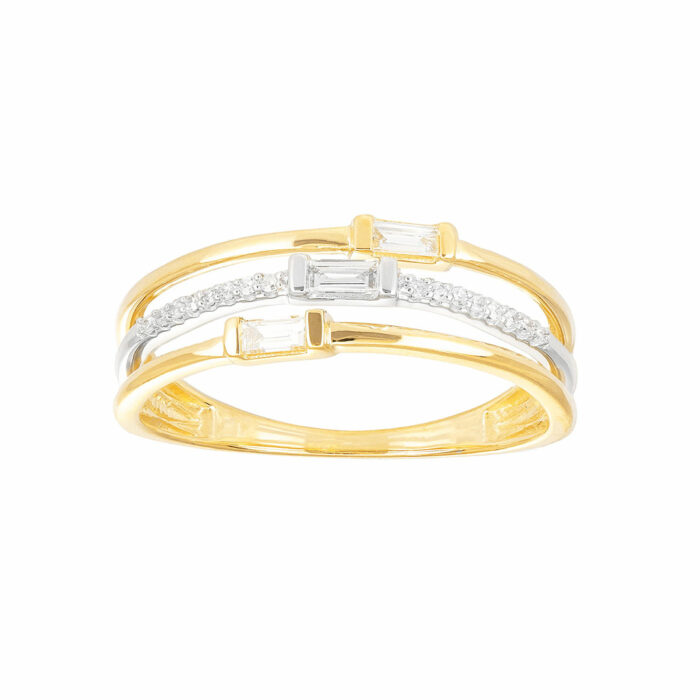 anello baguette bicolore con tre diamanti